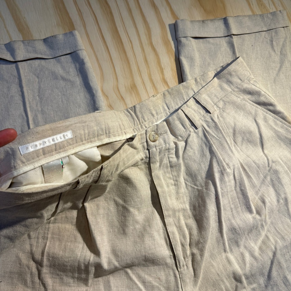 Perry Ellis Men's Pleated Linen Cotton Blend Trousers Beige Cuffed Pants Size 42